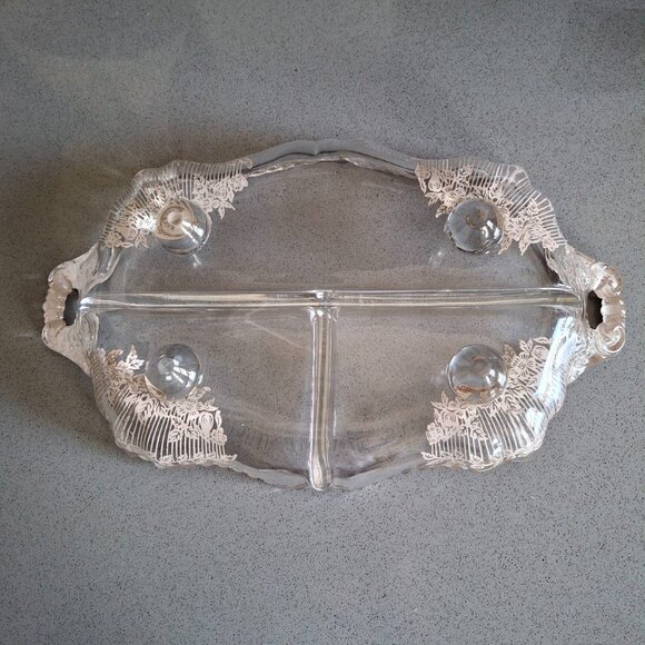 Vintage Silver Overlay Divided Glass Serving Dish with Ornate Handles - Picture 5 of 5
